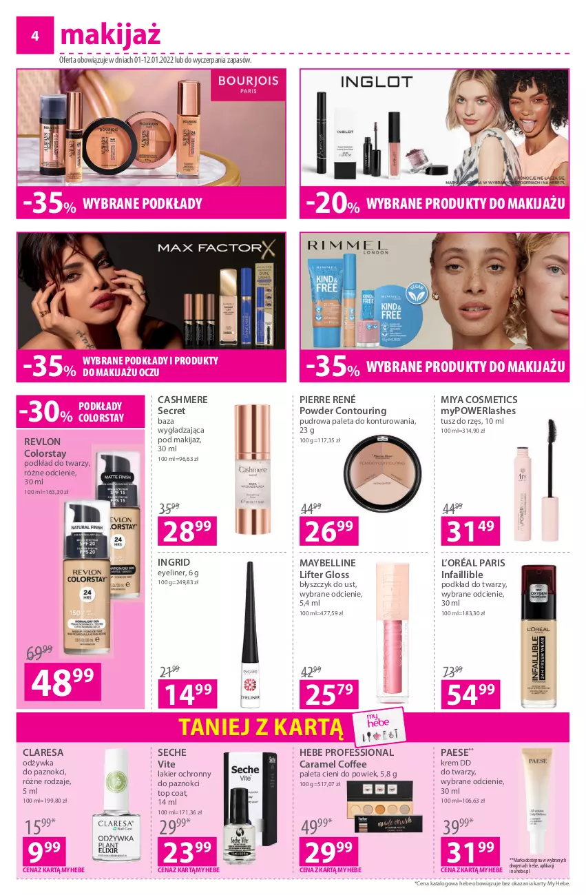 Gazetka promocyjna Hebe - Gazetka - ważna 01.01 do 12.01.2022 - strona 4 - produkty: Bell, Błyszczyk do ust, Fa, GRID, L’Oréal, Lakier, Makijaż, Maybelline, Miya Cosmetics, Odżywka, PAESE, Paleta, Pierre René, Podkład, Podkład do twarzy, Produkty do makijażu, Revlon, Top, Tusz