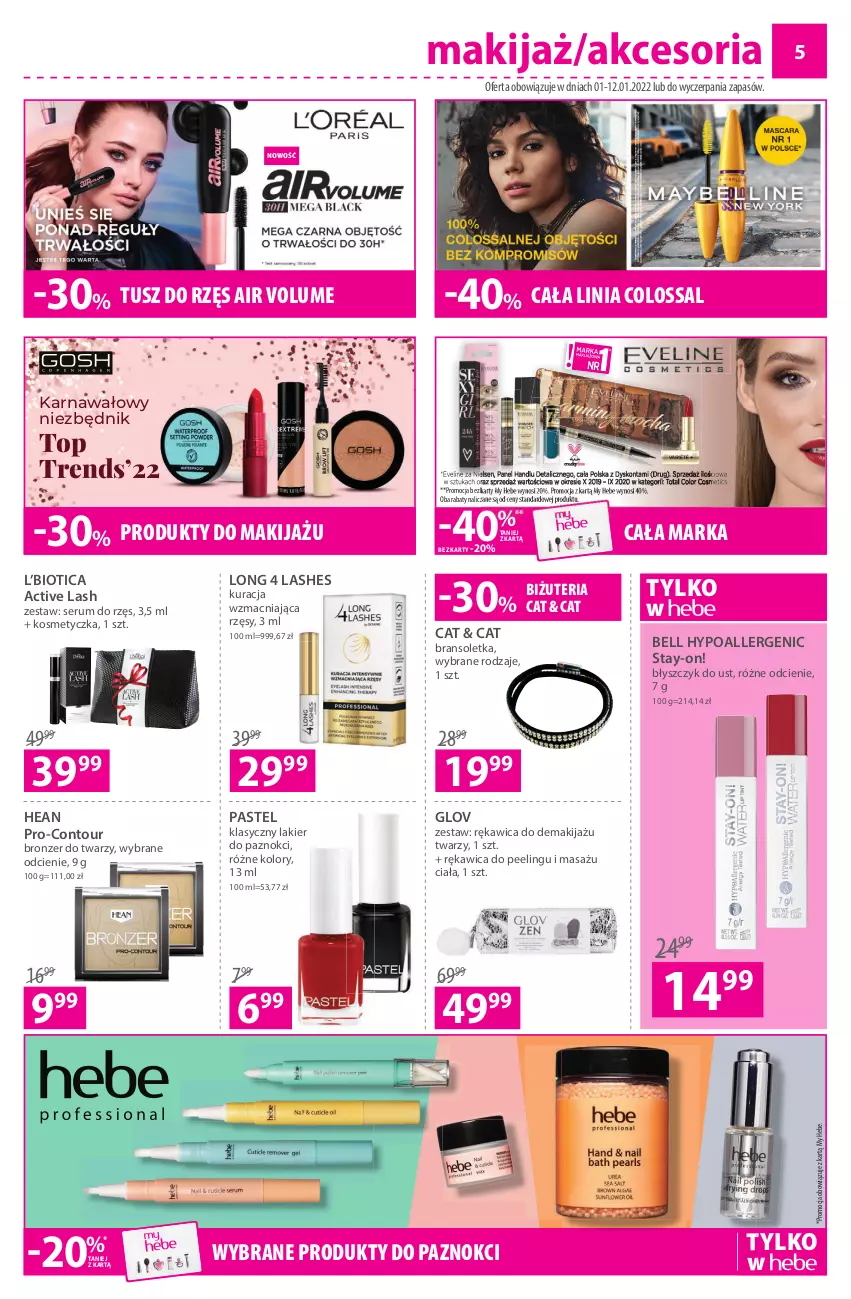 Gazetka promocyjna Hebe - Gazetka - ważna 01.01 do 12.01.2022 - strona 5 - produkty: Bell, Bell HypoAllergenic, Błyszczyk do ust, Bransoletka, Bronzer, Gosh, Kosmetyczka, Lakier, Lakier do paznokci, Long 4 Lashes, Makijaż, Peeling, Rum, Ser, Serum, Top, Tusz