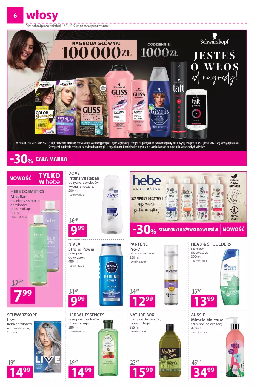 Gazetka promocyjna Hebe - Gazetka - ważna 01.01 do 12.01.2022 - strona 6 - produkty: Dove, Fa, Farba do włosów, Hebe Cosmetics, Lakier, Lakier do włosów, Nature Box, Nivea, Odżywka, Pantene, Schwarzkopf, Szampon