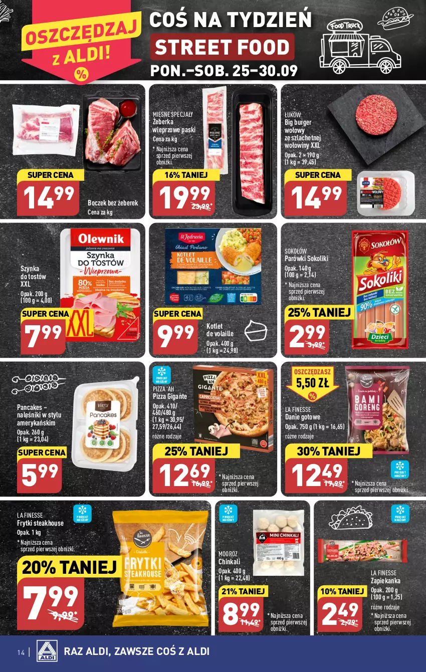 Gazetka promocyjna Aldi - Pełna oferta - ważna 25.09 do 30.09.2023 - strona 14 - produkty: Boczek, Burger, Danie gotowe, Frytki, Inka, Kotlet, Mięsne specjały, Naleśniki, Parówki, Parówki sokoliki, Pizza, Sok, Sokołów, Szynka, Zapiekanka