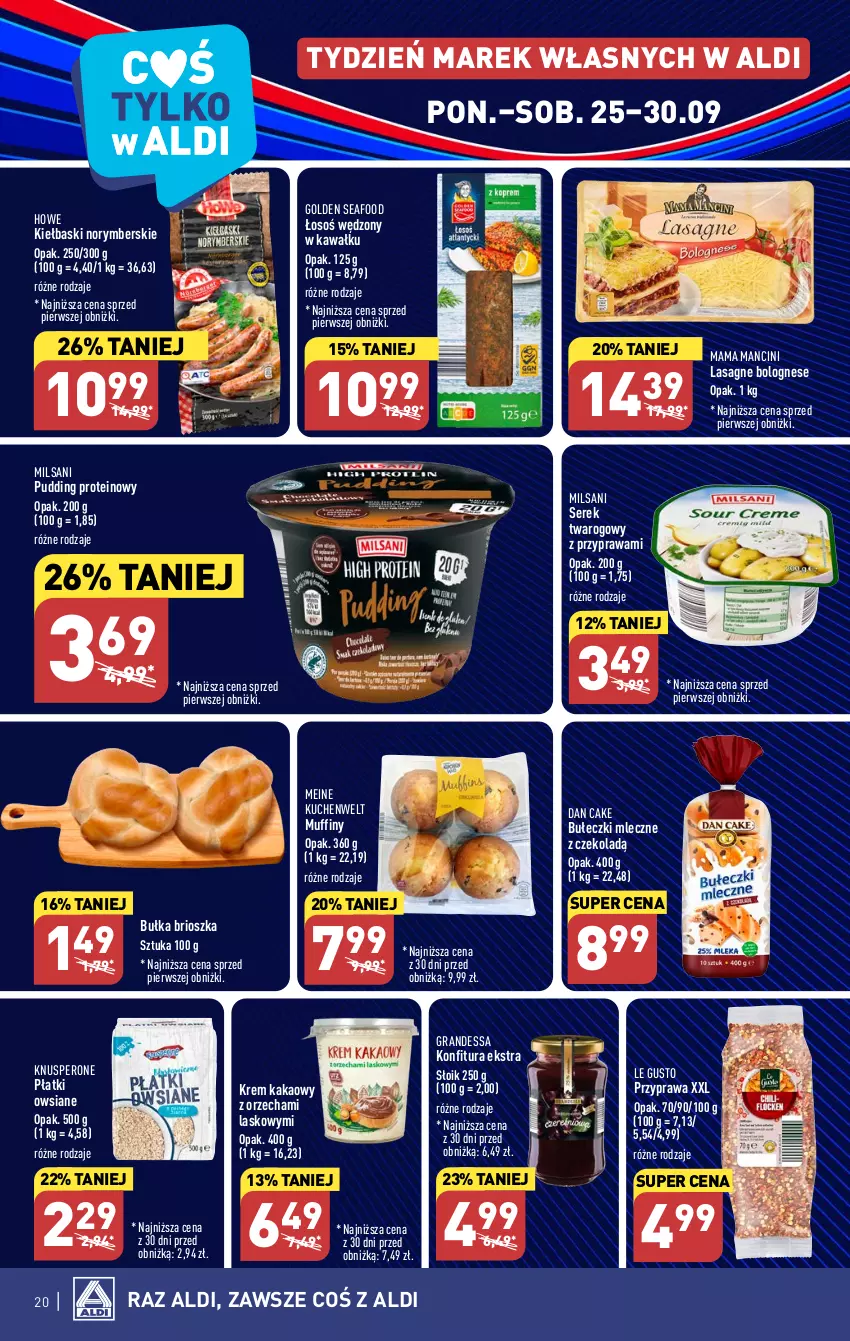 Gazetka promocyjna Aldi - Pełna oferta - ważna 25.09 do 30.09.2023 - strona 20 - produkty: Bułeczki, Bułeczki mleczne, Bułka, Bułka brioszka, Dan Cake, Golden Seafood, Gra, Kakao, Kawa, Konfitura, Lasagne, Lasagne bolognese, Muffiny, Płatki owsiane, Pudding, Ser, Serek, Serek twarogowy