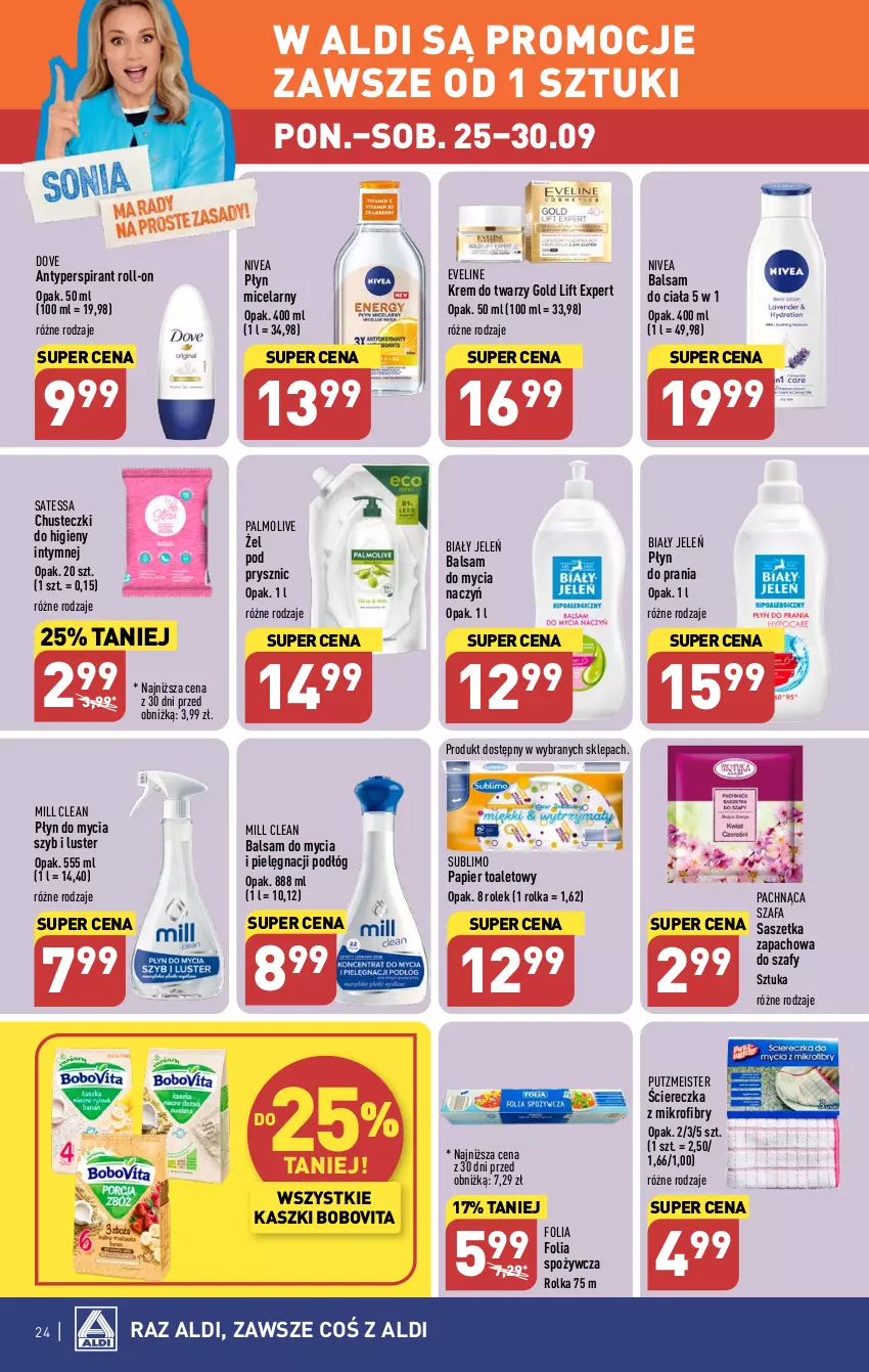 Gazetka promocyjna Aldi - Pełna oferta - ważna 25.09 do 30.09.2023 - strona 24 - produkty: Antyperspirant, Balsam do ciała, Balsam do mycia naczyń, Biały Jeleń, BoboVita, Chusteczki, Chusteczki do higieny, Do mycia naczyń, Dove, Eveline, Fa, Krem do twarzy, Nivea, Palmolive, Papier, Papier toaletowy, Płyn do mycia, Płyn do prania, Płyn micelarny, Putzmeister, Szafa