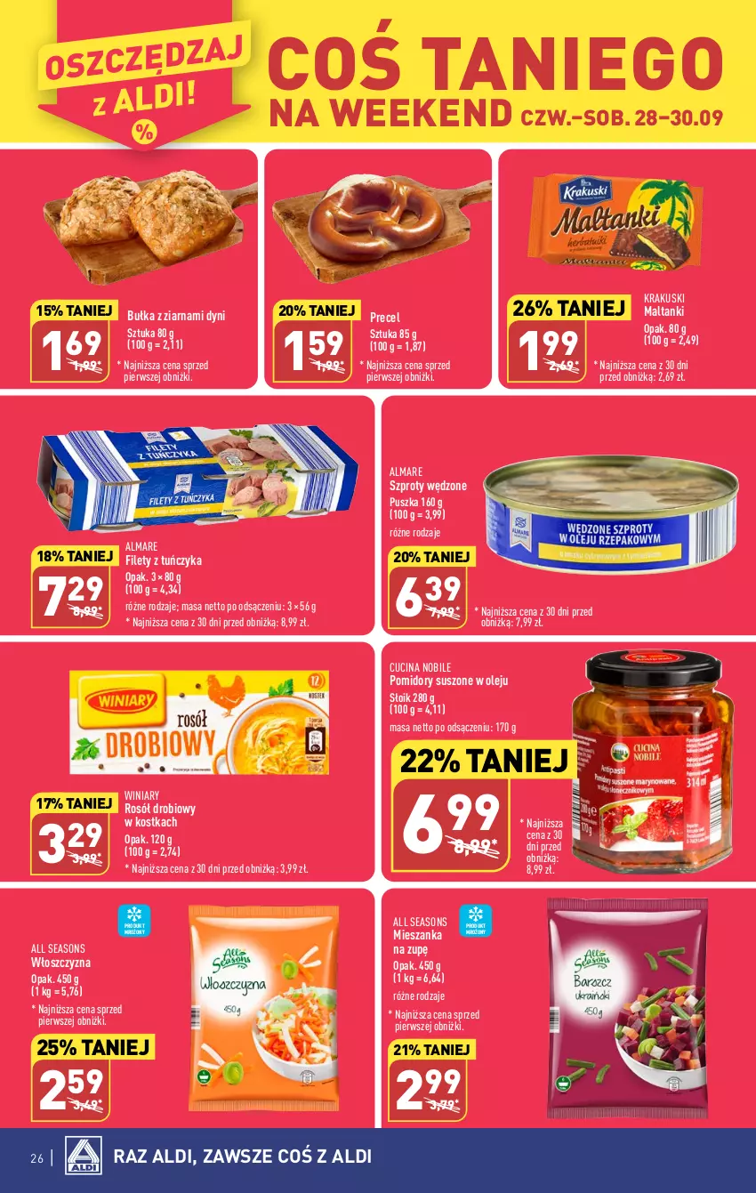 Gazetka promocyjna Aldi - Pełna oferta - ważna 25.09 do 30.09.2023 - strona 26 - produkty: All Seasons, Bułka, Krakus, Krakuski, Olej, Pomidory, Rosół, Rosół drobiowy, Szprot, Tuńczyk, Winiary