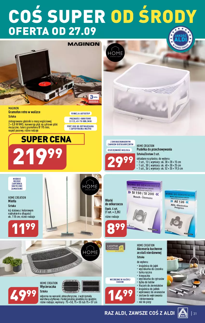 Gazetka promocyjna Aldi - Pełna oferta - ważna 25.09 do 30.09.2023 - strona 31 - produkty: Ananas, Gin, Głośnik, Gra, Miotła, Odkurzacz, Por, Talerz, Tarka, Tłuczek, Top, Trzepaczka, Wycieraczka, Wyciskarka