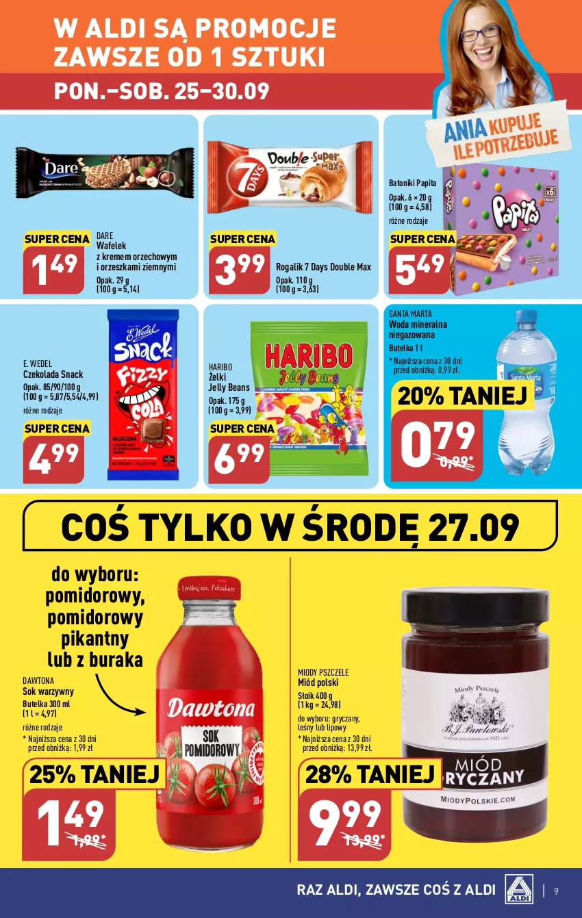 Gazetka promocyjna Aldi - Pełna oferta - ważna 25.09 do 30.09.2023 - strona 9 - produkty: 7 Days, Baton, Czekolada, Dawtona, E. Wedel, Gry, Haribo, Jelly beans, Miód, Rogal, Sok, Tonik, Wafelek, Woda, Woda mineralna