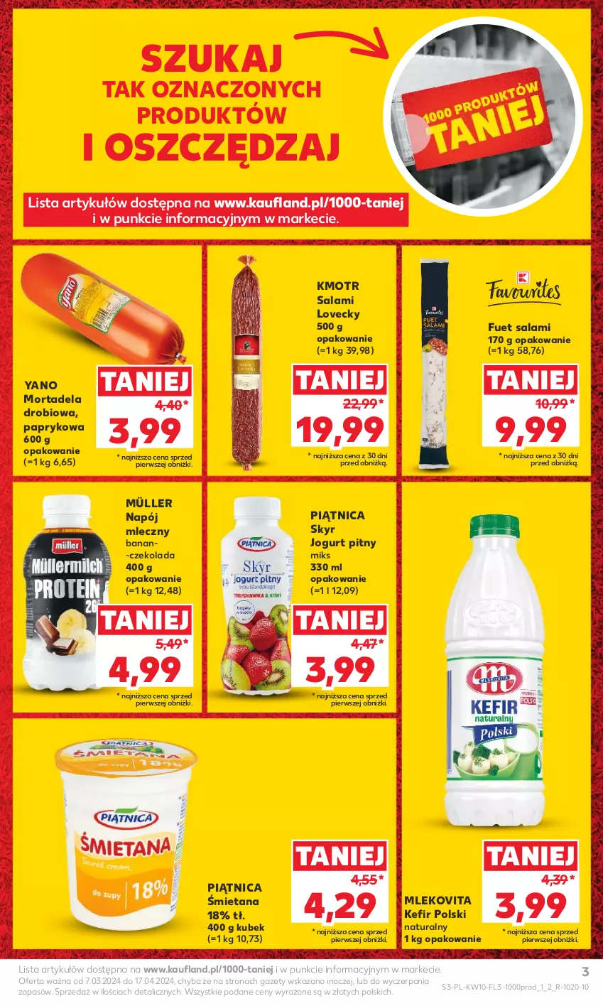 Gazetka promocyjna Kaufland - Kaufland - ważna 07.03 do 13.03.2024 - strona 3 - produkty: Czekolada, Jogurt, Jogurt pitny, Kefir, Kubek, Mleko, Mlekovita, Müller, Napój, Napój mleczny, Piątnica, Salami