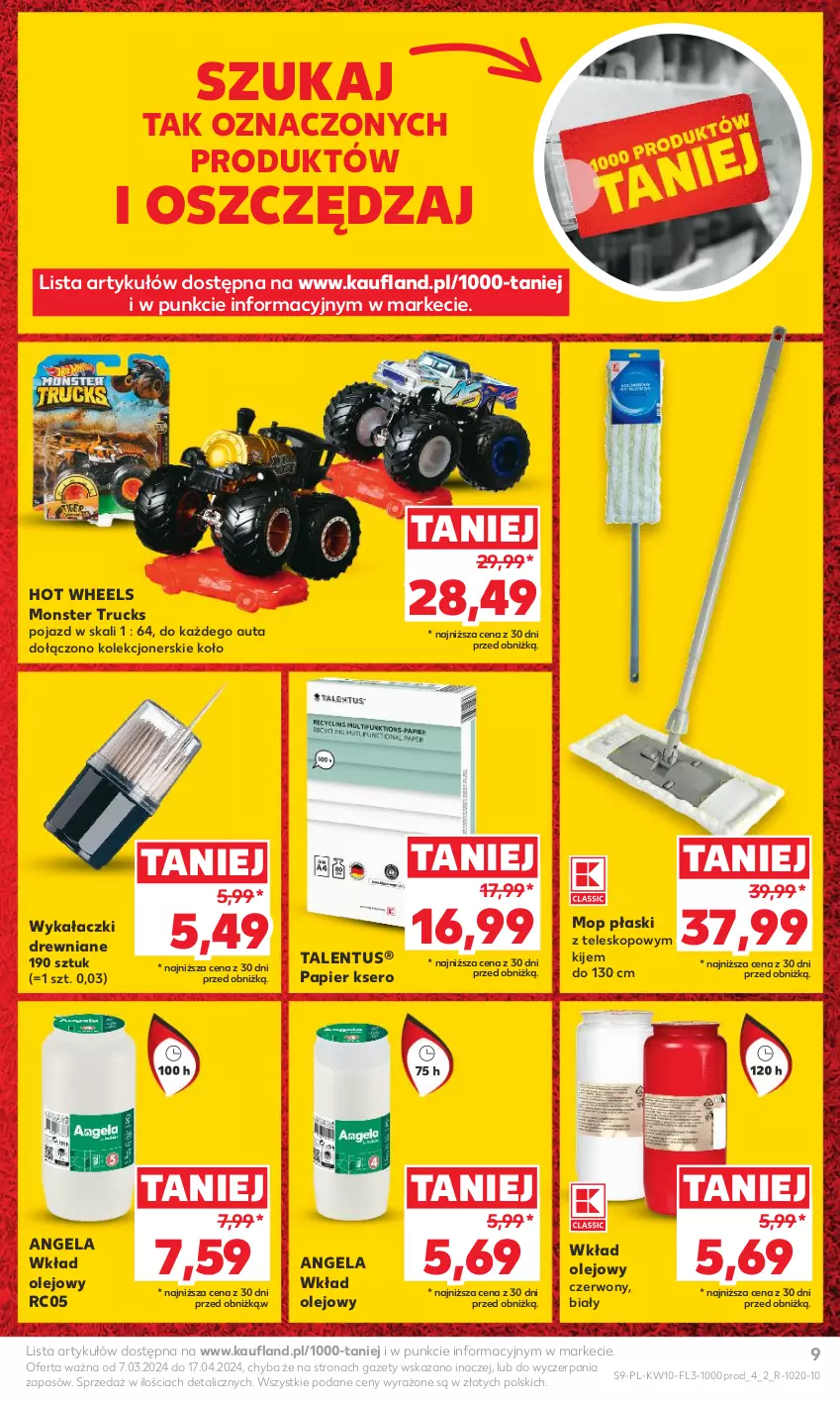 Gazetka promocyjna Kaufland - Kaufland - ważna 07.03 do 13.03.2024 - strona 9 - produkty: Hot Wheels, Kije, Monster truck, Mop, Olej, Papier, Pojazd, Ser, Teleskop, Wkład olejowy