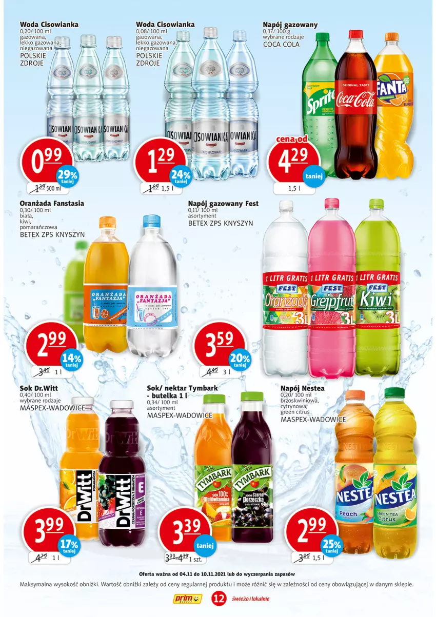 Gazetka promocyjna Prim Market - ważna 04.11 do 10.11.2021 - strona 12 - produkty: Cisowianka, Fa, Kiwi, Napój, Napój gazowany, Nektar, Nestea, Oranżada, Sok, Tymbark, Woda