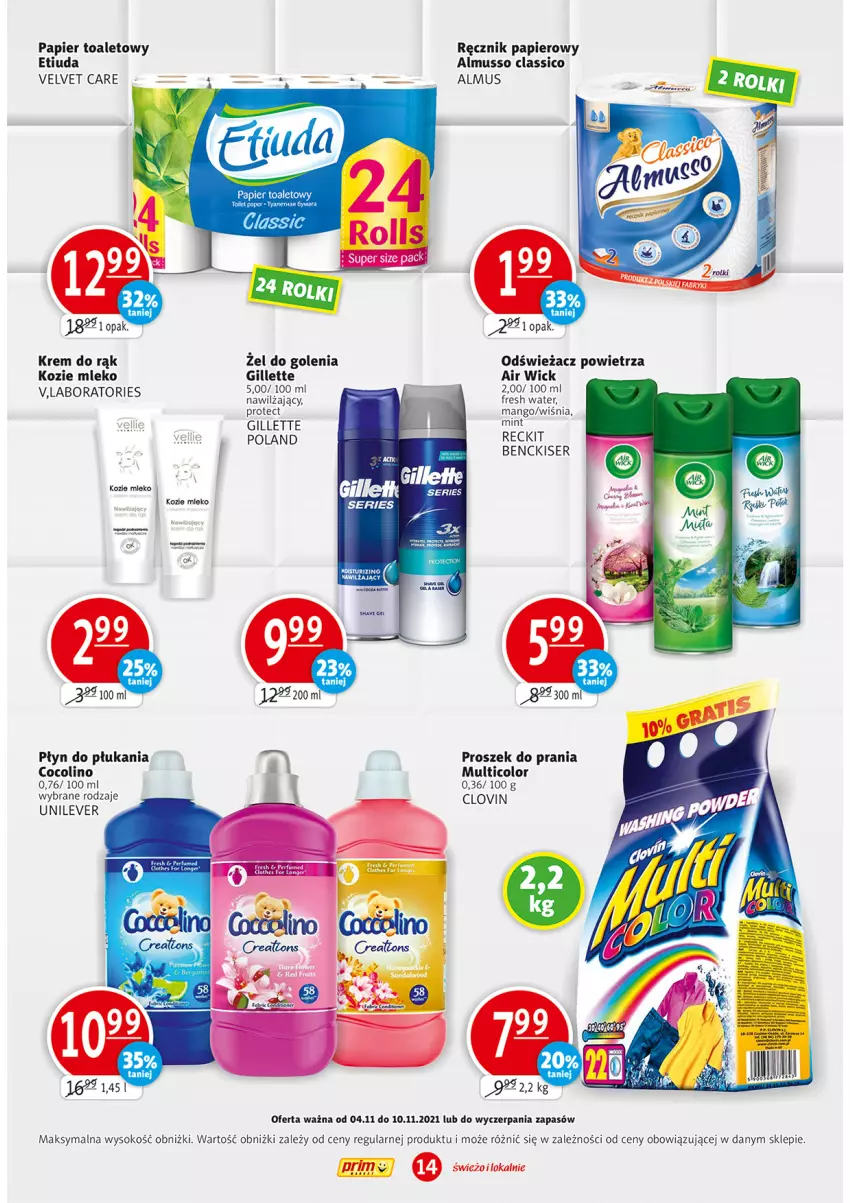 Gazetka promocyjna Prim Market - ważna 04.11 do 10.11.2021 - strona 14 - produkty: Air Wick, Gillette, Krem do rąk, Lovi, Mango, Mleko, Mus, Odświeżacz powietrza, Papier, Papier toaletowy, Płyn do płukania, Proszek do prania, Ręcznik, Ser, Sok, Velvet