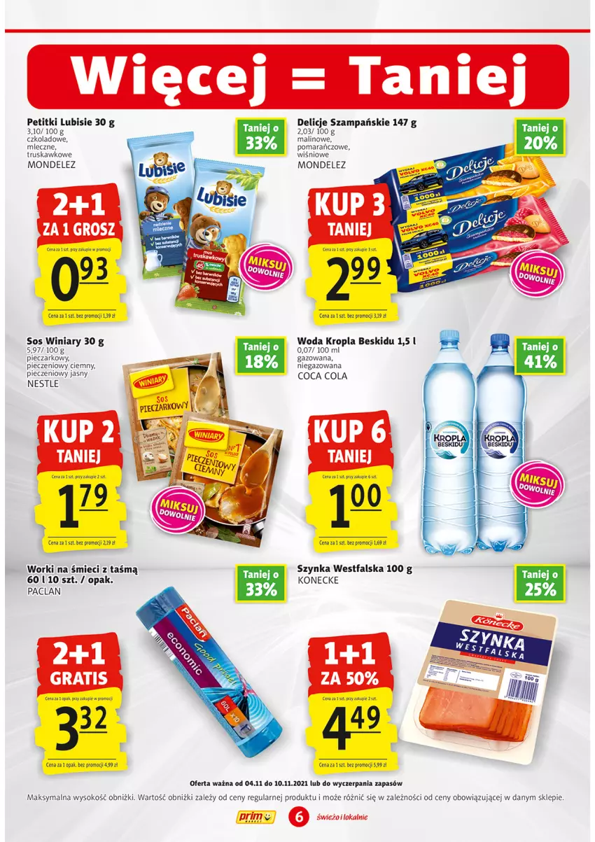 Gazetka promocyjna Prim Market - ważna 04.11 do 10.11.2021 - strona 6 - produkty: Delicje, Fa, LG, Lubisie, Piec, Sok, Sos, Szynka, Winiary, Woda, Worki na śmiec, Worki na śmieci