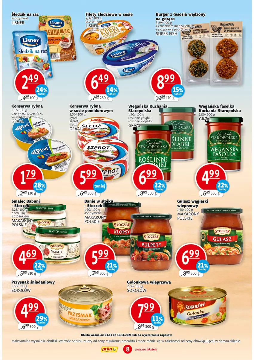 Gazetka promocyjna Prim Market - ważna 04.11 do 10.11.2021 - strona 8 - produkty: Babuni, Burger, Danio, Fa, Gra, Graal, Klopsiki, Lisner, Makaron, Papryka, Paprykarz, Paprykarz szczeciński, Sałat, Sałatka, Ser, Smalec, Sok, Sokołów, Sos