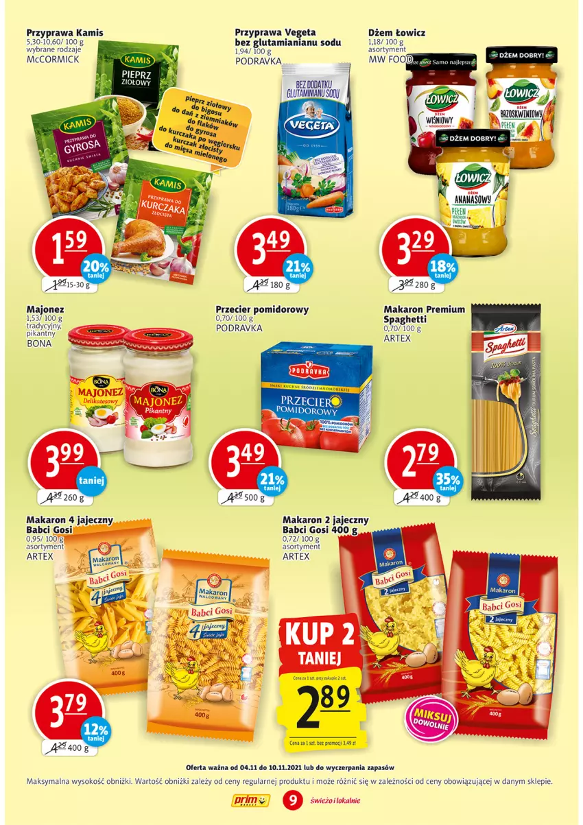 Gazetka promocyjna Prim Market - ważna 04.11 do 10.11.2021 - strona 9 - produkty: Ananas, Dżem, Kamis, Majonez, Makaron, Podravka, Sok, Spaghetti, Vegeta