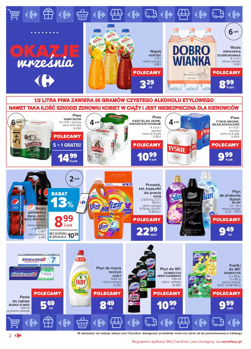 Gazetka promocyjna Carrefour - Gazetka Okazje września - ważna 31.08 do 25.09.2021 - strona 2 - produkty: Blend-a-Med, Do mycia naczyń, Dobrowianka, Domestos, Fa, Fairy, Gra, Hortex, Kapsułki do prania, Kasztelan, Mirinda, Namysłów, Napój, Napój gazowany, Pasta do zębów, Pepsi, Pepsi max, Piec, Piwa, Piwo, Płyn do mycia, Płyn do mycia naczyń, Płyn do płukania, Płyn do wc, Silan, Tyskie, Vizir, Woda, Woda mineralna