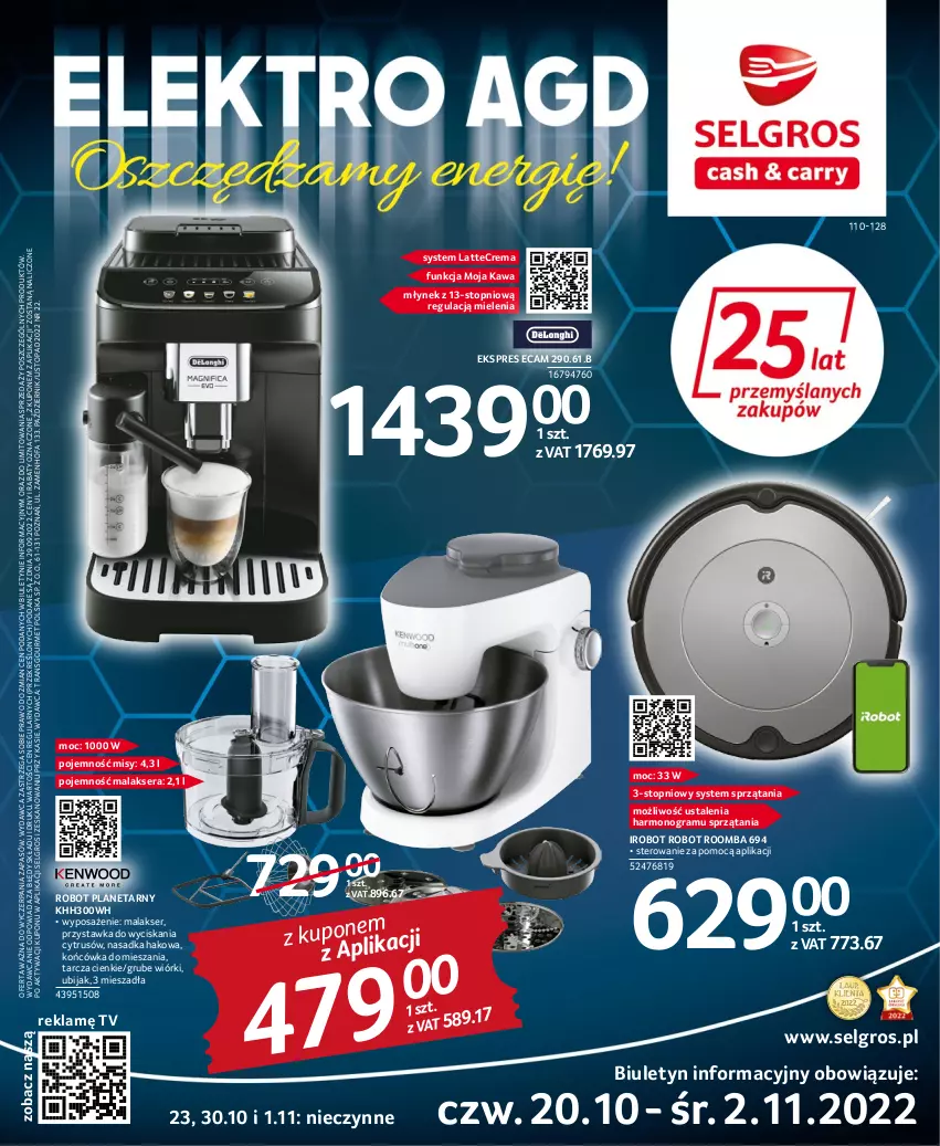 Gazetka promocyjna Selgros - Katalog Elektro - ważna 20.10 do 02.11.2022 - strona 1 - produkty: Fa, Gra, IRobot, Kawa, LG, Młynek, Robot, Robot planetarny, Roomba, Ser, Top, Tran