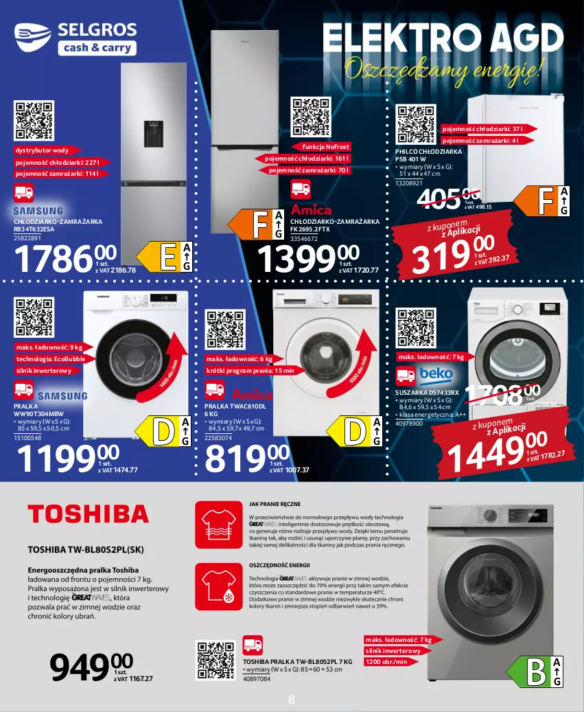 Gazetka promocyjna Selgros - Katalog Elektro - ważna 20.10 do 02.11.2022 - strona 8 - produkty: Chłodziarka, Gra, K2, Pralka, PSB, Suszarka, Toshiba, Zamrażarka