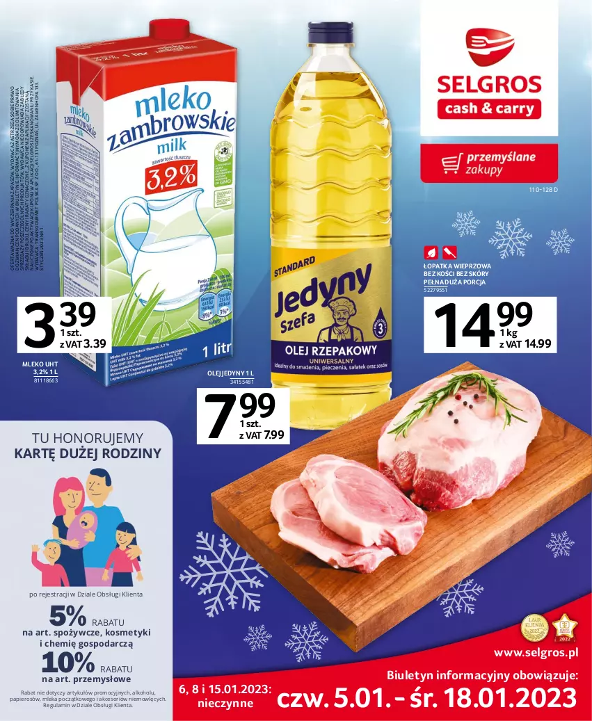 Gazetka promocyjna Selgros - Oferta spożywcza - ważna 05.01 do 18.01.2023 - strona 1 - produkty: Fa, LG, Mleko, Olej, Papier, Por, Tran