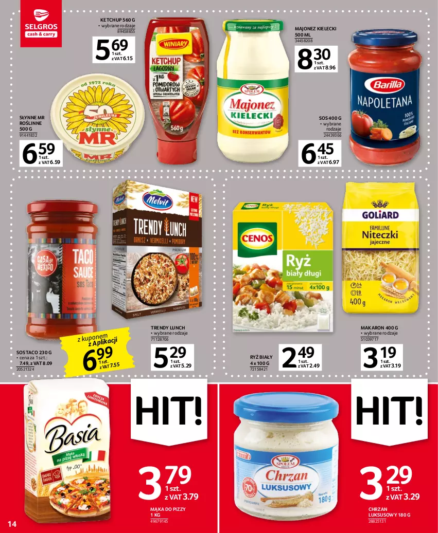 Gazetka promocyjna Selgros - Oferta spożywcza - ważna 05.01 do 18.01.2023 - strona 14 - produkty: Chrzan, Ketchup, Majonez, Mąka, Mąka do pizzy, Makaron, Ryż, Ryż biały, Słynne, Słynne MR Roślinne, Sos