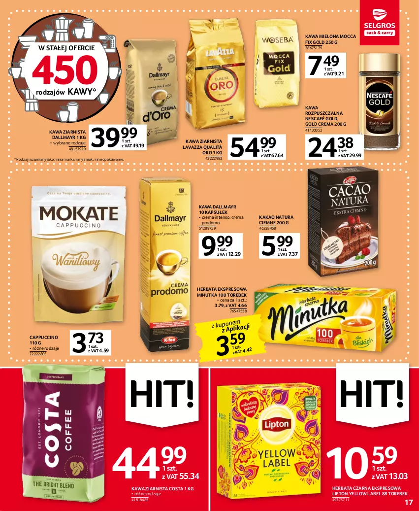 Gazetka promocyjna Selgros - Oferta spożywcza - ważna 05.01 do 18.01.2023 - strona 17 - produkty: Cappuccino, Dallmayr, Herbata, Herbata czarna, Kakao, Kawa, Kawa mielona, Kawa rozpuszczalna, Kawa ziarnista, Lavazza, Lipton, Mocca Fix Gold, Nescafé