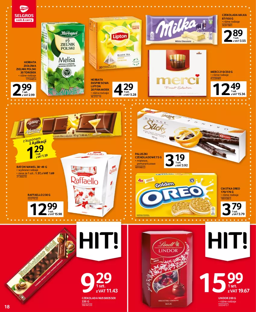 Gazetka promocyjna Selgros - Oferta spożywcza - ważna 05.01 do 18.01.2023 - strona 18 - produkty: Baton, Ciastka, Czekolada, Fa, Herbata, Lindor, Lipton, Merci, Milka, Oreo, Raffaello, Ser, Wawel