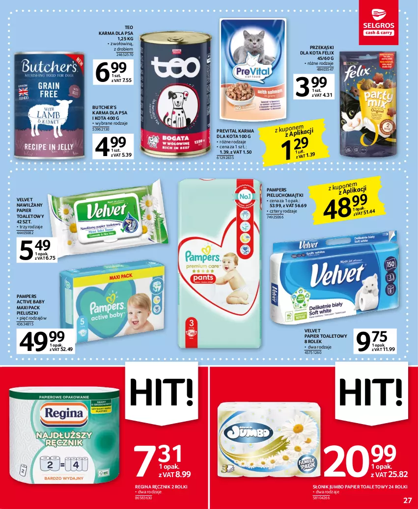 Gazetka promocyjna Selgros - Oferta spożywcza - ważna 05.01 do 18.01.2023 - strona 27 - produkty: Felix, Gin, Majtki, Nawilżany papier, Pampers, Papier, Papier toaletowy, Pieluchomajtki, Przekąski dla kota, Ręcznik, Rolki, Velvet