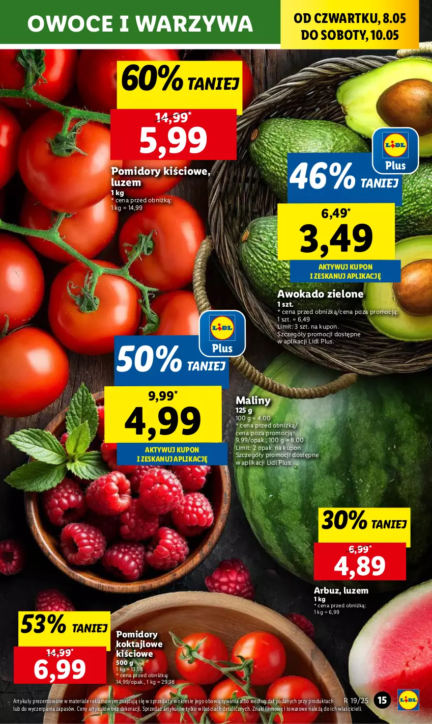 Gazetka promocyjna Lidl - GAZETKA - ważna 08.05 do 10.05.2025 - strona 17 - produkty: Arbuz, Maliny, Owoce, Pomidory, Warzywa