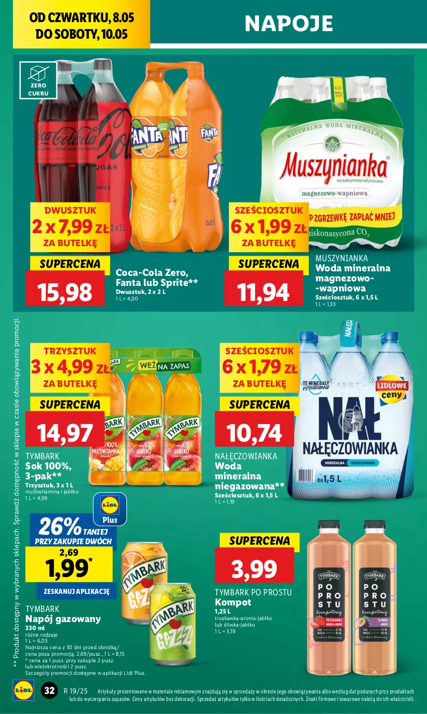 Gazetka promocyjna Lidl - GAZETKA - ważna 08.05 do 10.05.2025 - strona 34 - produkty: Aronia, Coca-Cola, Fa, Fanta, Magnez, Mus, Muszynianka, Nałęczowianka, Napój, Napój gazowany, Napoje, Sok, Sprite, Tymbark, Woda, Woda mineralna
