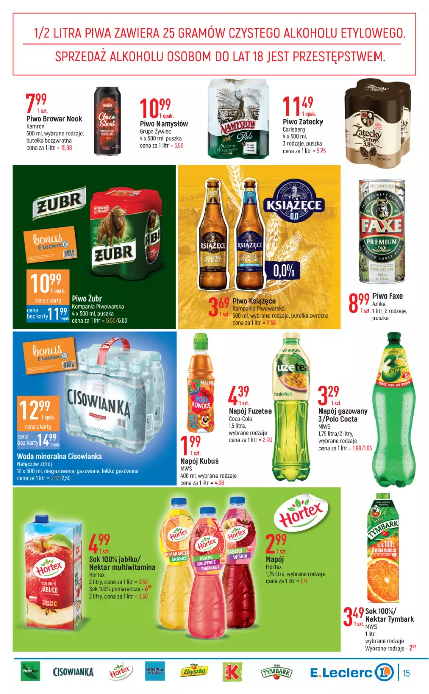 Gazetka promocyjna E Leclerc - ważna 20.04 do 30.04.2022 - strona 15 - produkty: Cisowianka, Coca-Cola, Fa, Gra, Gry, Kubuś, Namysłów, Napój, Napój gazowany, Nektar, Noż, Piwa, Piwo, Sok, Tymbark, Woda, Woda mineralna