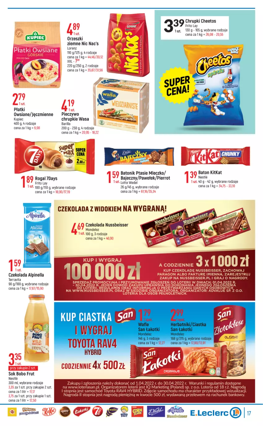 Gazetka promocyjna E Leclerc - ważna 20.04 do 30.04.2022 - strona 17 - produkty: Barilla, Baton, Cheetos, Chrupki, Ciastka, Czekolada, Gra, Kupiec, Lorenz, Orzeszki, Piec, Pieczywo, Rogal, Samochód, Ser, Sok, Tonik, Top, Toyo, Wasa