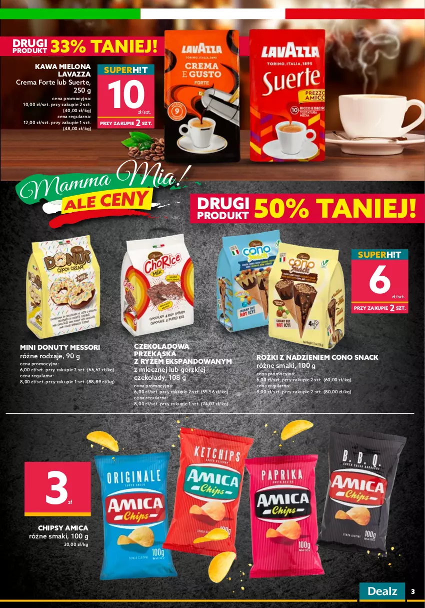 Gazetka promocyjna Dealz - NOWA GAZETKAWielkie Marki Mini Ceny - ważna 09.03 do 22.03.2022 - strona 3 - produkty: Amica, Chipsy, Donut, Isana, Kawa, Kawa mielona, Lasagne, Lavazza, Makaron, Nuty, Pomidory, Ryż, Sos