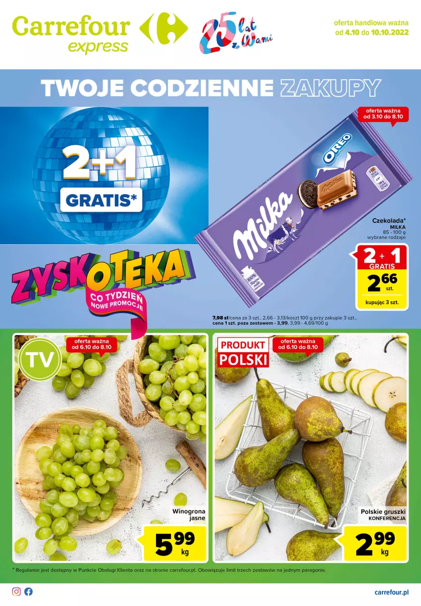 Gazetka promocyjna Carrefour - Gazetka Express - ważna 04.10 do 10.10.2022 - strona 1 - produkty: Czekolada, Fa, Gra, Gruszki, Kosz, Milka, Wino, Winogrona