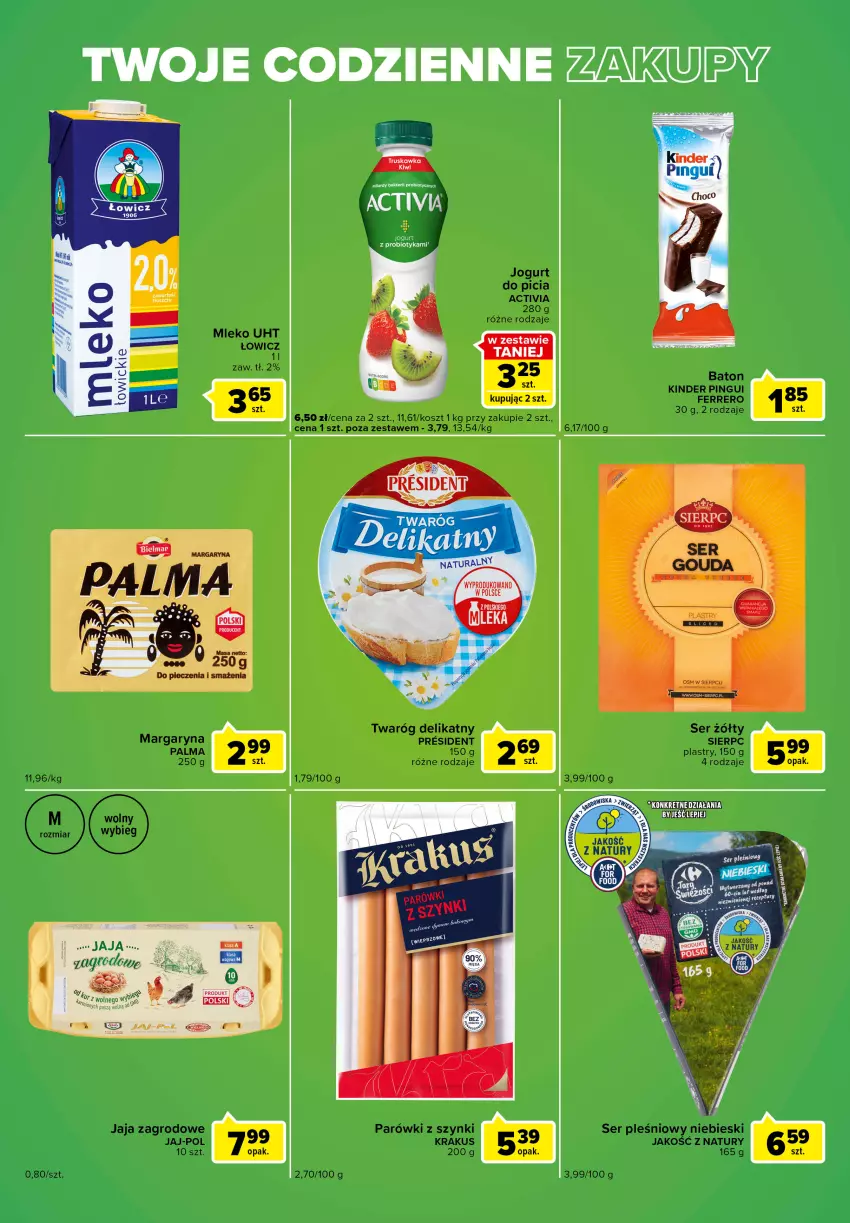 Gazetka promocyjna Carrefour - Gazetka Express - ważna 04.10 do 10.10.2022 - strona 2 - produkty: Activia, Baton, Ferrero, Jaja, Jogurt, Kinder, Kosz, Krakus, Mleko, Palma, Parówki, Parówki z szynki, Piec, Ser, Ser pleśniowy, Twaróg, Twaróg delikatny