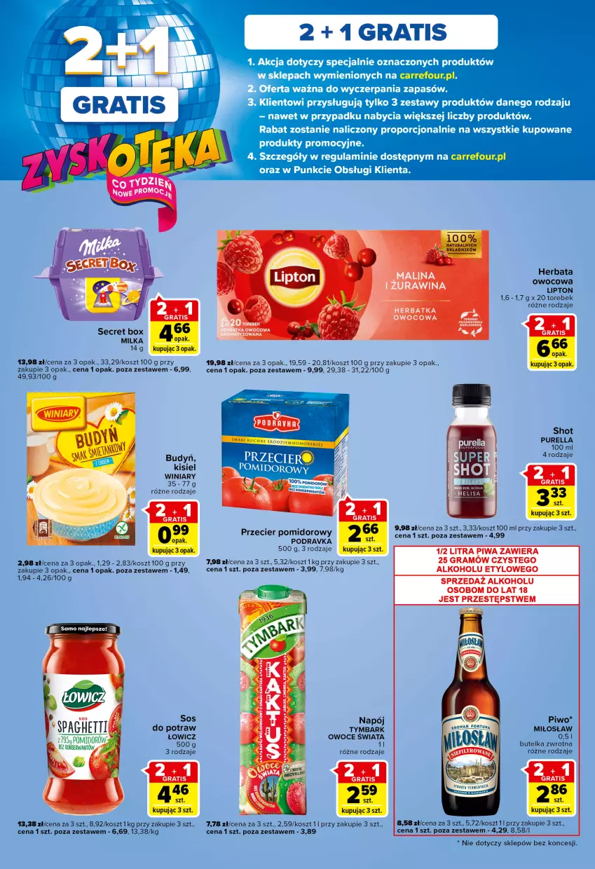 Gazetka promocyjna Carrefour - Gazetka Express - ważna 04.10 do 10.10.2022 - strona 4 - produkty: Budyń, Gra, Herbata, Herbata owocowa, Kisiel, Kosz, Milka, Napój, Owoce, Piwa, Piwo, Podravka, Por, Pur, Sos, Tymbark, Winiary