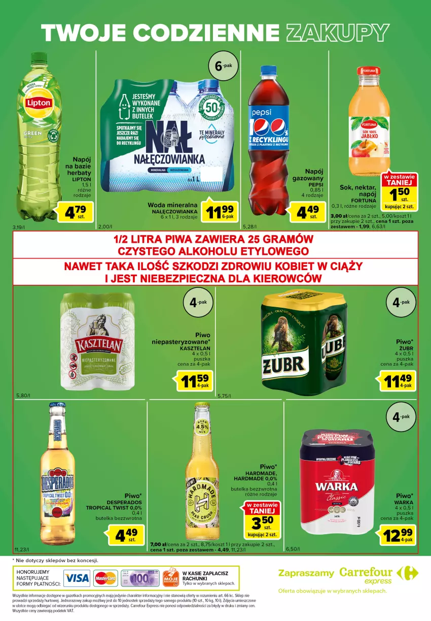 Gazetka promocyjna Carrefour - Gazetka Express - ważna 04.10 do 10.10.2022 - strona 6 - produkty: Fortuna, Gra, Gry, Kasztelan, Kosz, Lipton, Nałęczowianka, Napój, Nektar, Piec, Piwa, Piwo, Sok, Stek, Tropical, Woda, Woda mineralna