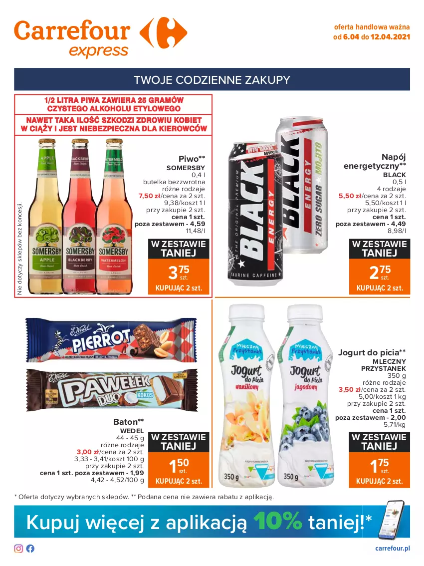 Gazetka promocyjna Carrefour - Gazetka Express - ważna 05.04 do 12.04.2021 - strona 1 - produkty: Baton, Gra, Jogurt, Kosz, Lack, Napój, Napój energetyczny, Piec, Piwa, Piwo, Somersby