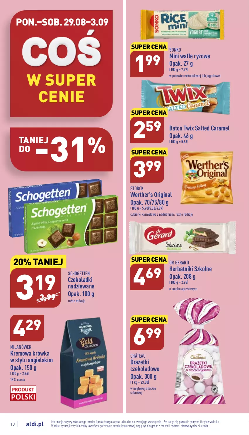 Gazetka promocyjna Aldi - Katalog spożywczy - ważna 29.08 do 03.09.2022 - strona 10 - produkty: Baton, Cukier, Cukierki, Dr Gerard, Gin, Gres, Herbatniki, Jogurt, Ryż, Schogetten, Sonko, Twix, Wafle