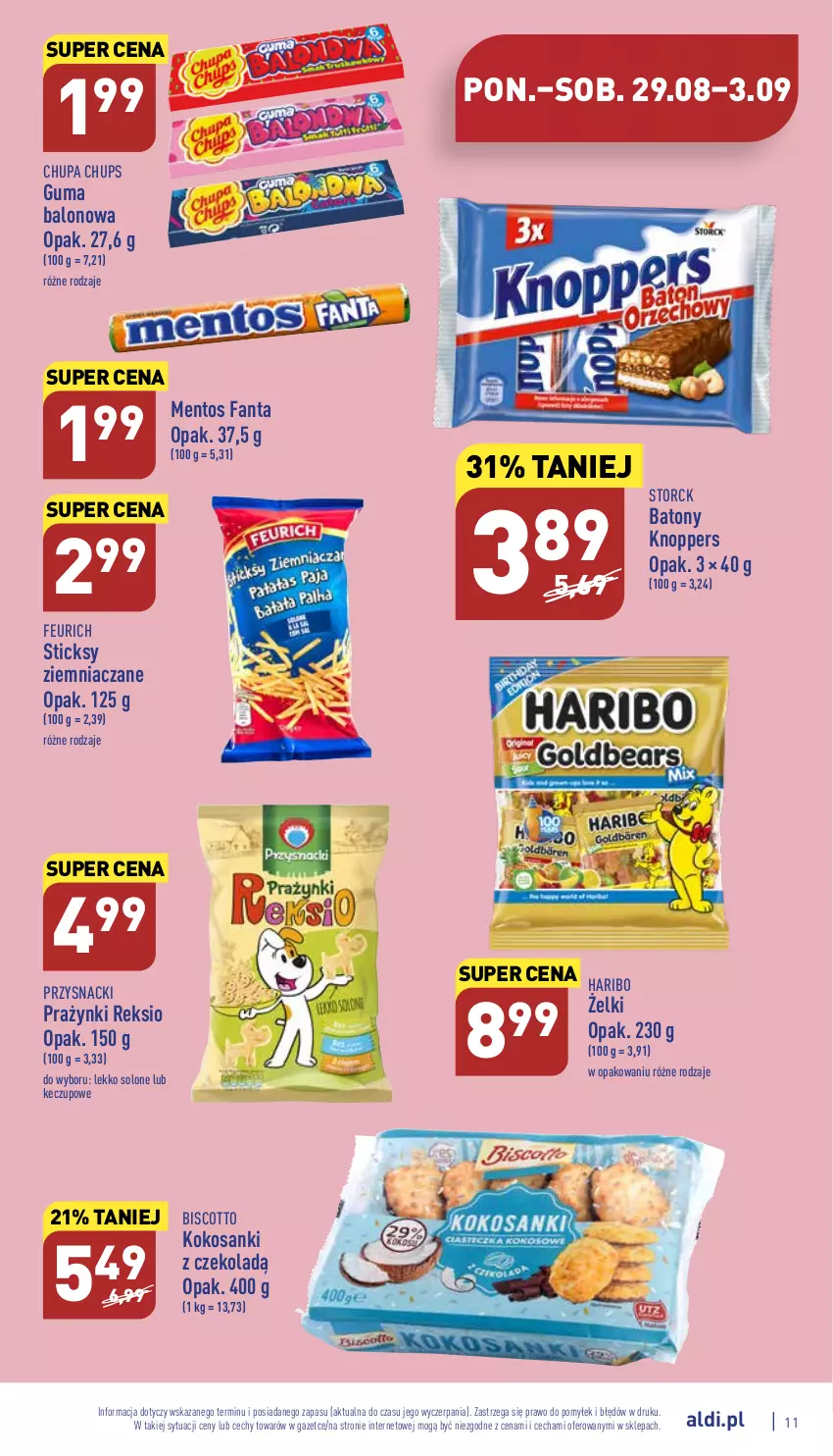 Gazetka promocyjna Aldi - Katalog spożywczy - ważna 29.08 do 03.09.2022 - strona 11 - produkty: Baton, Chupa Chups, Fa, Fanta, Haribo, Knoppers, Kokos, Mentos, Przysnacki, Sanki