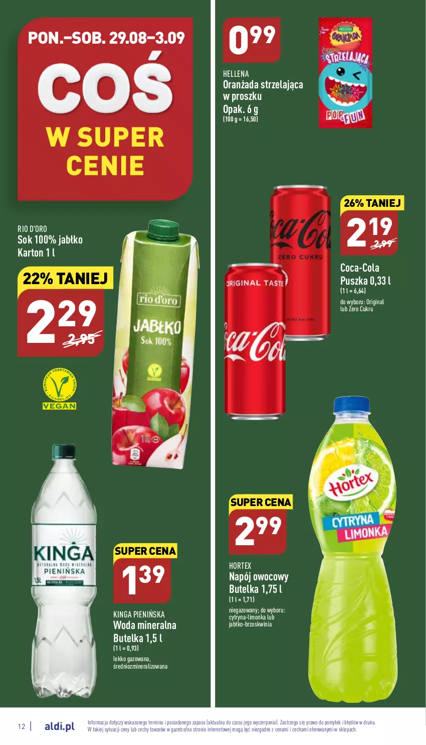 Gazetka promocyjna Aldi - Katalog spożywczy - ważna 29.08 do 03.09.2022 - strona 12 - produkty: Coca-Cola, Gin, Hellena, Hortex, Limonka, Napój, Oranżada, Sok, Woda, Woda mineralna