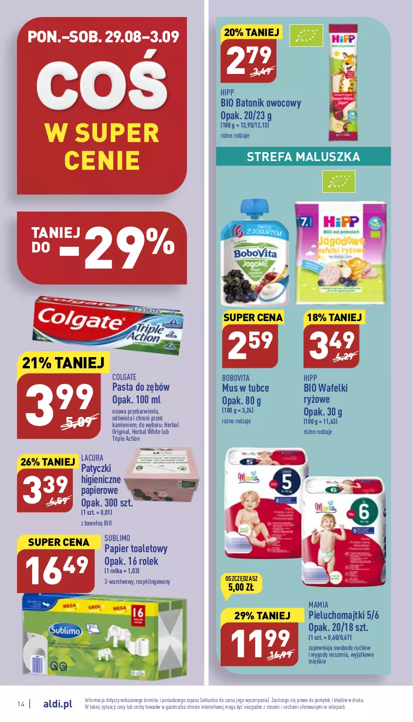 Gazetka promocyjna Aldi - Katalog spożywczy - ważna 29.08 do 03.09.2022 - strona 14 - produkty: Baton, Bio Batonik, BoboVita, Colgate, Fa, Gin, HiPP, LG, Majtki, Mus, Papier, Papier toaletowy, Pasta do zębów, Pieluchomajtki, Ryż, Tonik