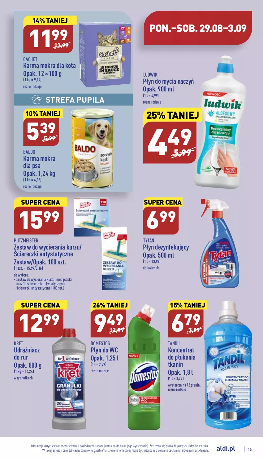 Gazetka promocyjna Aldi - Katalog spożywczy - ważna 29.08 do 03.09.2022 - strona 15 - produkty: Do mycia naczyń, Domestos, Fa, Gra, Kret, Ludwik, Mop, Płyn do mycia, Płyn do mycia naczyń, Płyn do wc, Putzmeister, Tytan