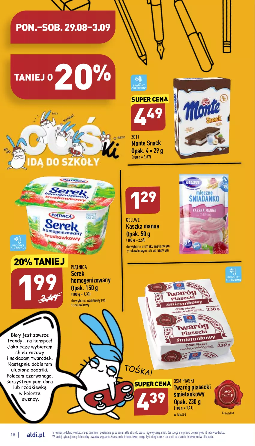 Gazetka promocyjna Aldi - Katalog spożywczy - ważna 29.08 do 03.09.2022 - strona 18 - produkty: Chleb, Monte, Piątnica, Ser, Serek, Serek homogenizowany, Twaróg, Zott