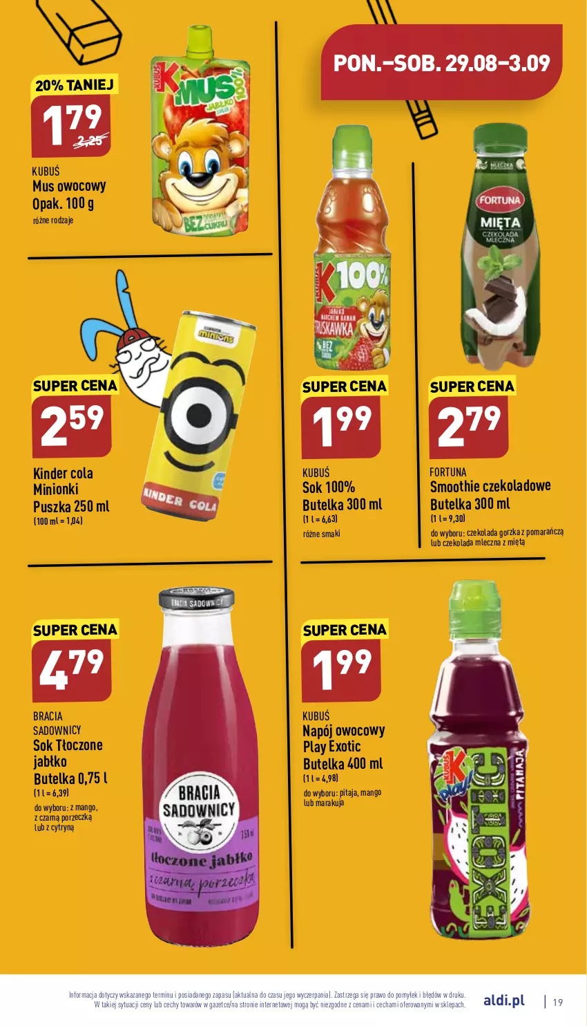 Gazetka promocyjna Aldi - Katalog spożywczy - ważna 29.08 do 03.09.2022 - strona 19 - produkty: Czekolada, Czekolada gorzka, Czekolada mleczna, Fortuna, Kinder, Kubuś, Mango, Mus, Napój, Por, Smoothie, Sok