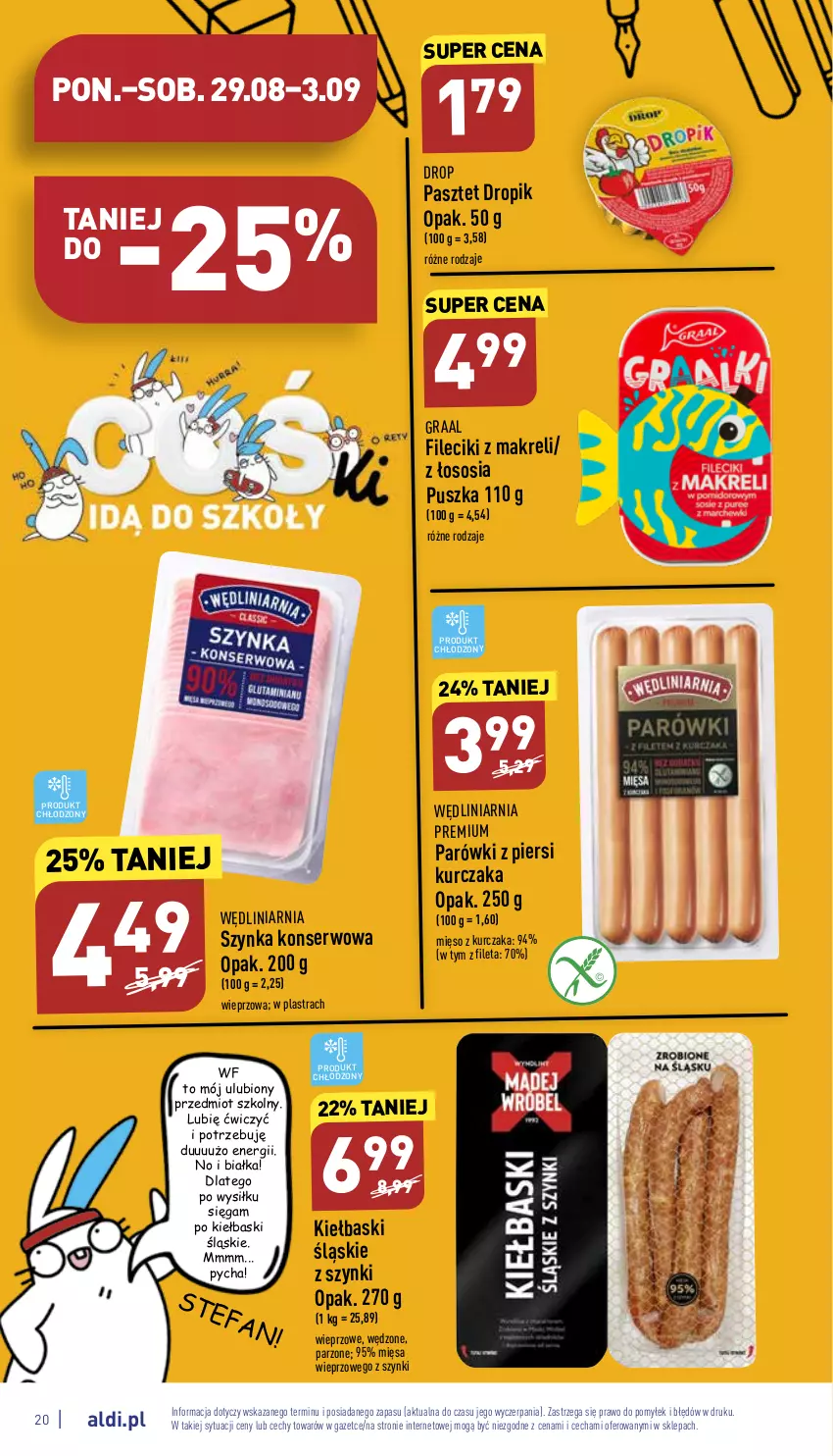 Gazetka promocyjna Aldi - Katalog spożywczy - ważna 29.08 do 03.09.2022 - strona 20 - produkty: Fa, Gra, Graal, Kiełbaski śląskie, Kurczak, Mięso, Parówki, Parówki z piersi kurczaka, Pasztet, Ser, Sos, Szynka, Szynka konserwowa