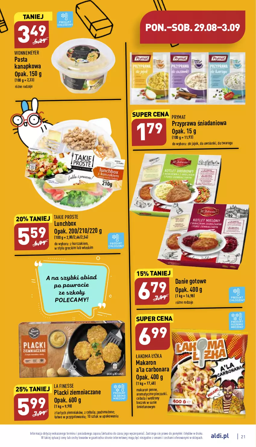 Gazetka promocyjna Aldi - Katalog spożywczy - ważna 29.08 do 03.09.2022 - strona 21 - produkty: Boczek, Cebula, Danie gotowe, Danio, Kurczak, Lack, Makaron, Penne, Piec, Prymat, Sos