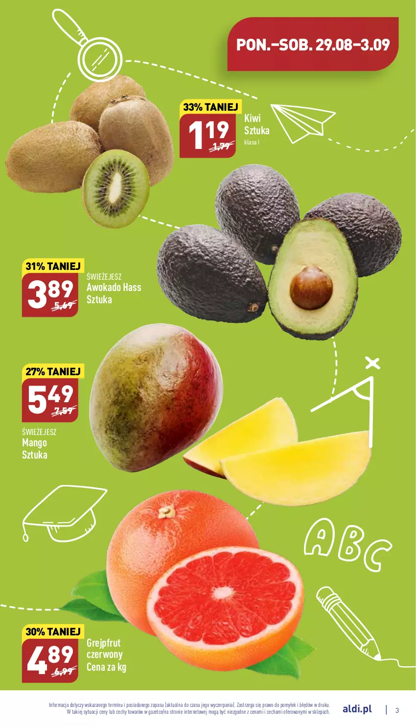 Gazetka promocyjna Aldi - Katalog spożywczy - ważna 29.08 do 03.09.2022 - strona 3 - produkty: Grejpfrut, Kiwi, Mango