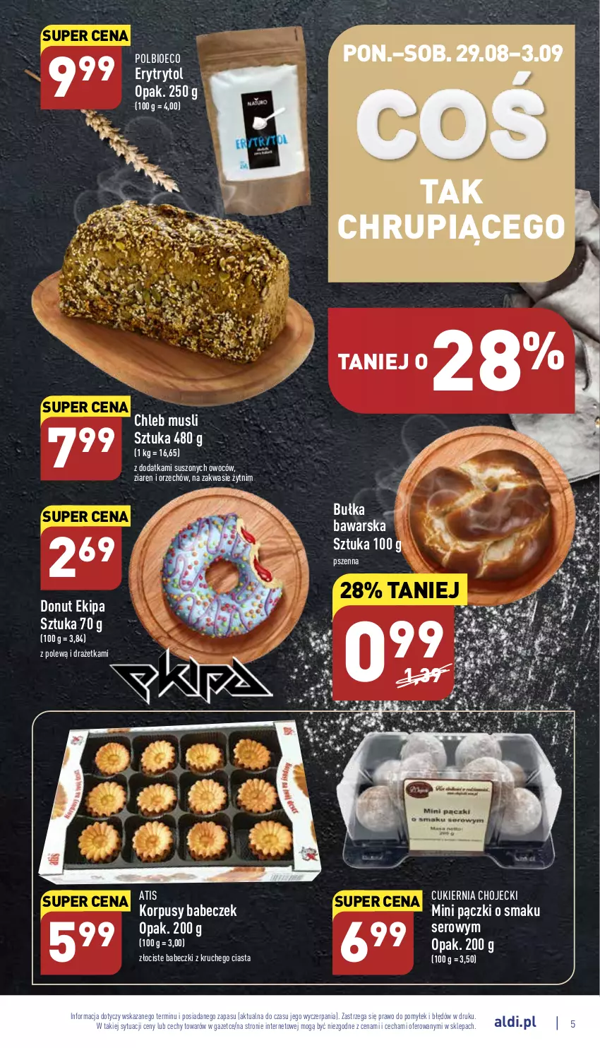 Gazetka promocyjna Aldi - Katalog spożywczy - ważna 29.08 do 03.09.2022 - strona 5 - produkty: Babeczki, Bułka, Chleb, Cukier, Donut, Korpusy, Mus, Ser