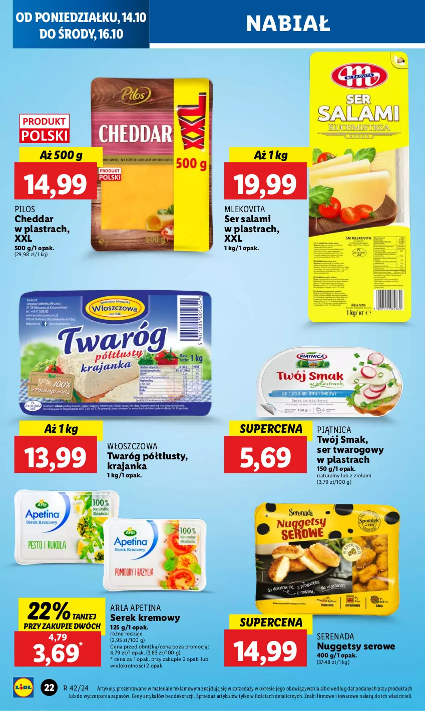 Gazetka promocyjna Lidl - GAZETKA - ważna 14.10 do 16.10.2024 - strona 24 - produkty: Cheddar, Mleko, Mlekovita, Piątnica, Pilos, Salami, Ser, Ser salami, Ser twarogowy, Serek, Twaróg, Twaróg półtłusty, Twój Smak, Vita C