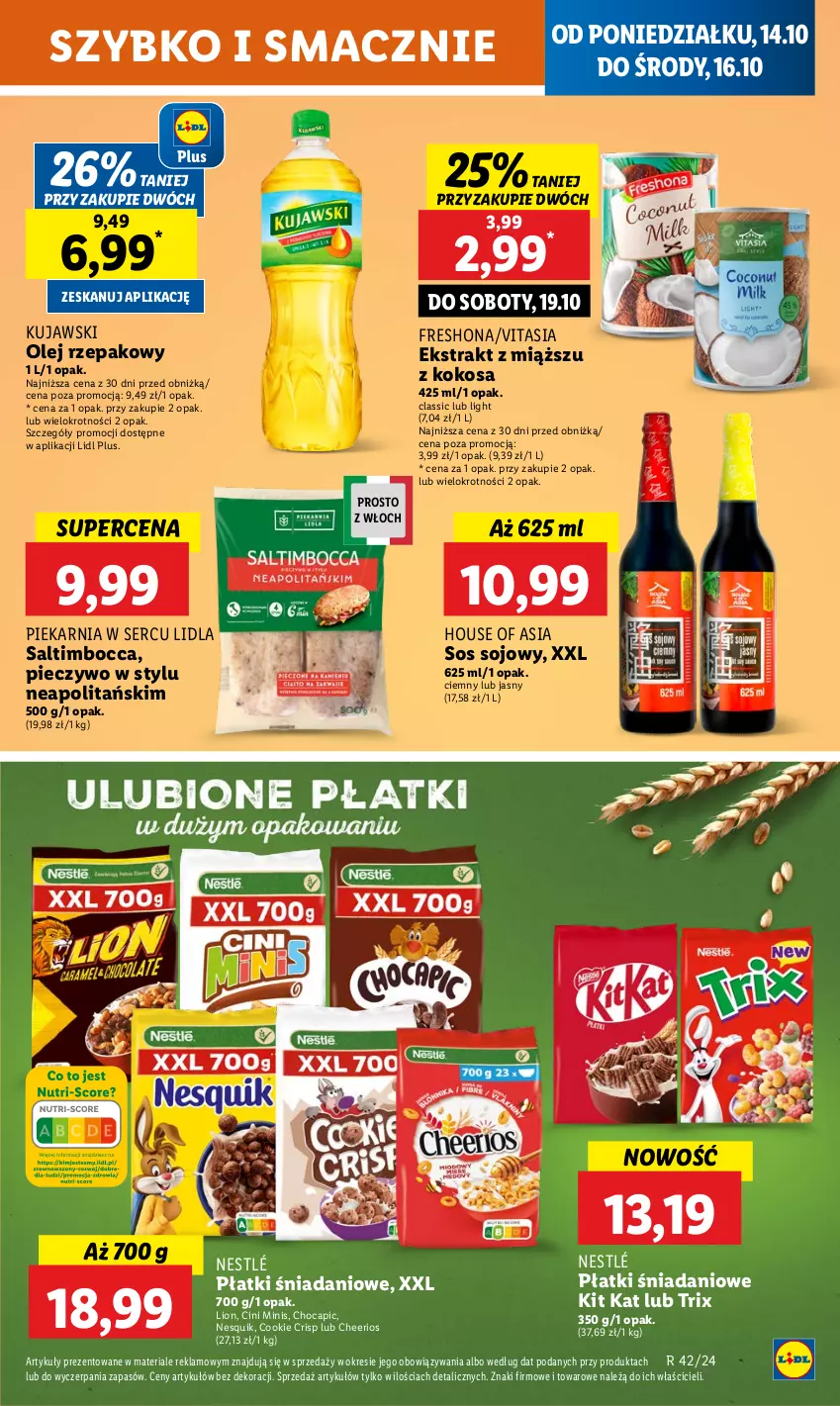 Gazetka promocyjna Lidl - GAZETKA - ważna 14.10 do 16.10.2024 - strona 47 - produkty: Cheerios, Cini Minis, Danio, House of Asia, Kit Kat, Kokos, Kujawski, Lion, Nesquik, Nestlé, Olej, Olej rzepakowy, Piec, Pieczywo, Ser, Sos, Sos sojowy