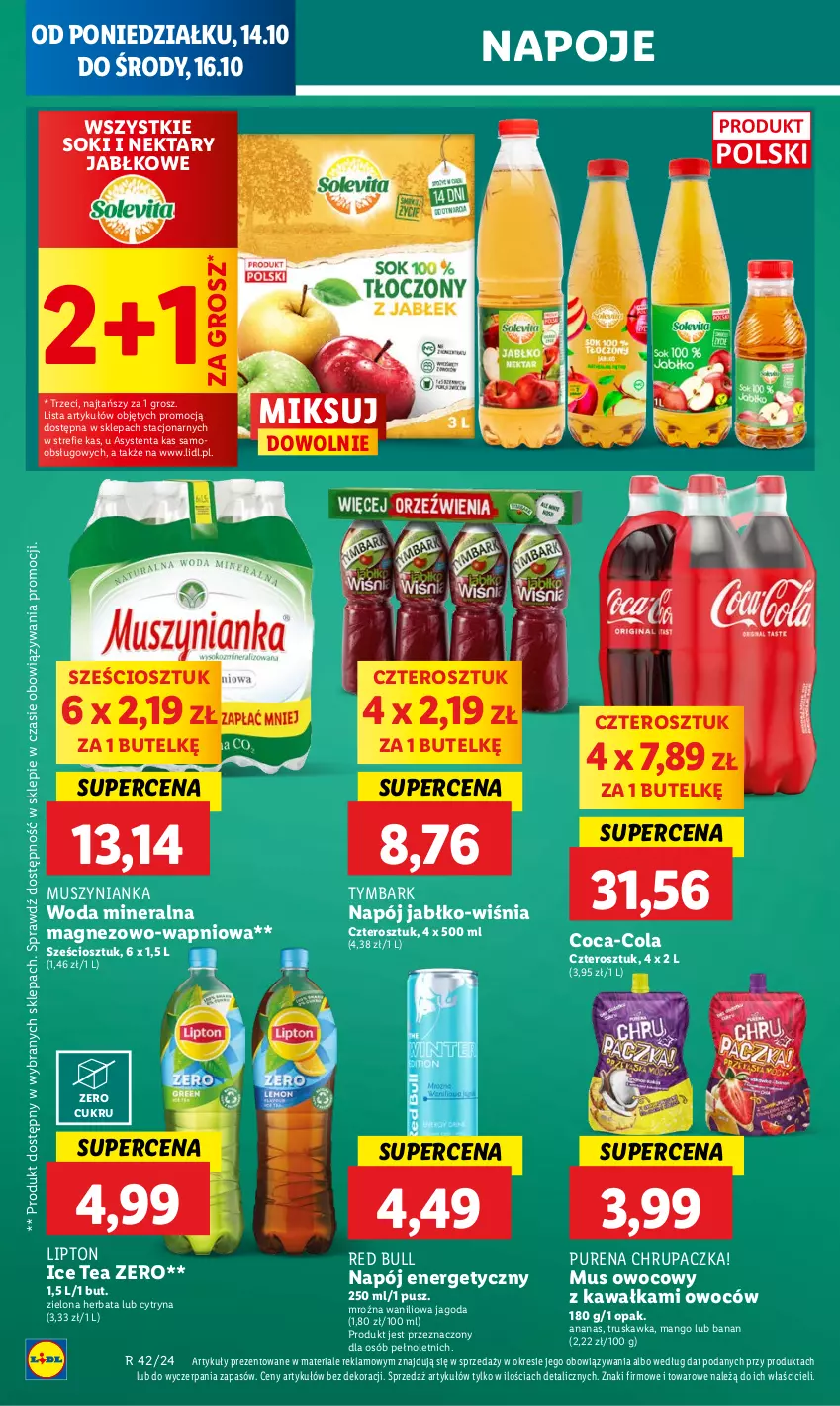 Gazetka promocyjna Lidl - GAZETKA - ważna 14.10 do 16.10.2024 - strona 50 - produkty: Ananas, Coca-Cola, Herbata, Ice tea, Kawa, Lipton, Magnez, Mango, Mus, Muszynianka, Napój, Napój energetyczny, Napoje, Nektar, Pur, Red Bull, Sok, Tymbark, Woda, Woda mineralna