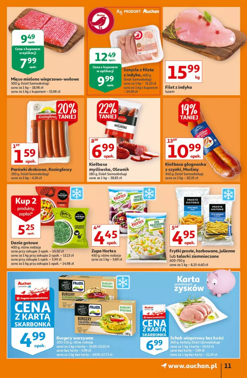 Gazetka promocyjna Auchan - Rysuje się pobudka na piątkę Hipermarkety - ważna 29.07 do 04.08.2021 - strona 11 - produkty: Danie gotowe, Fa, Frytki, Hortex, Kiełbasa, Kiełbasa głogowska, Morliny, Olewnik, Parówki, Schab wieprzowy, Zupa