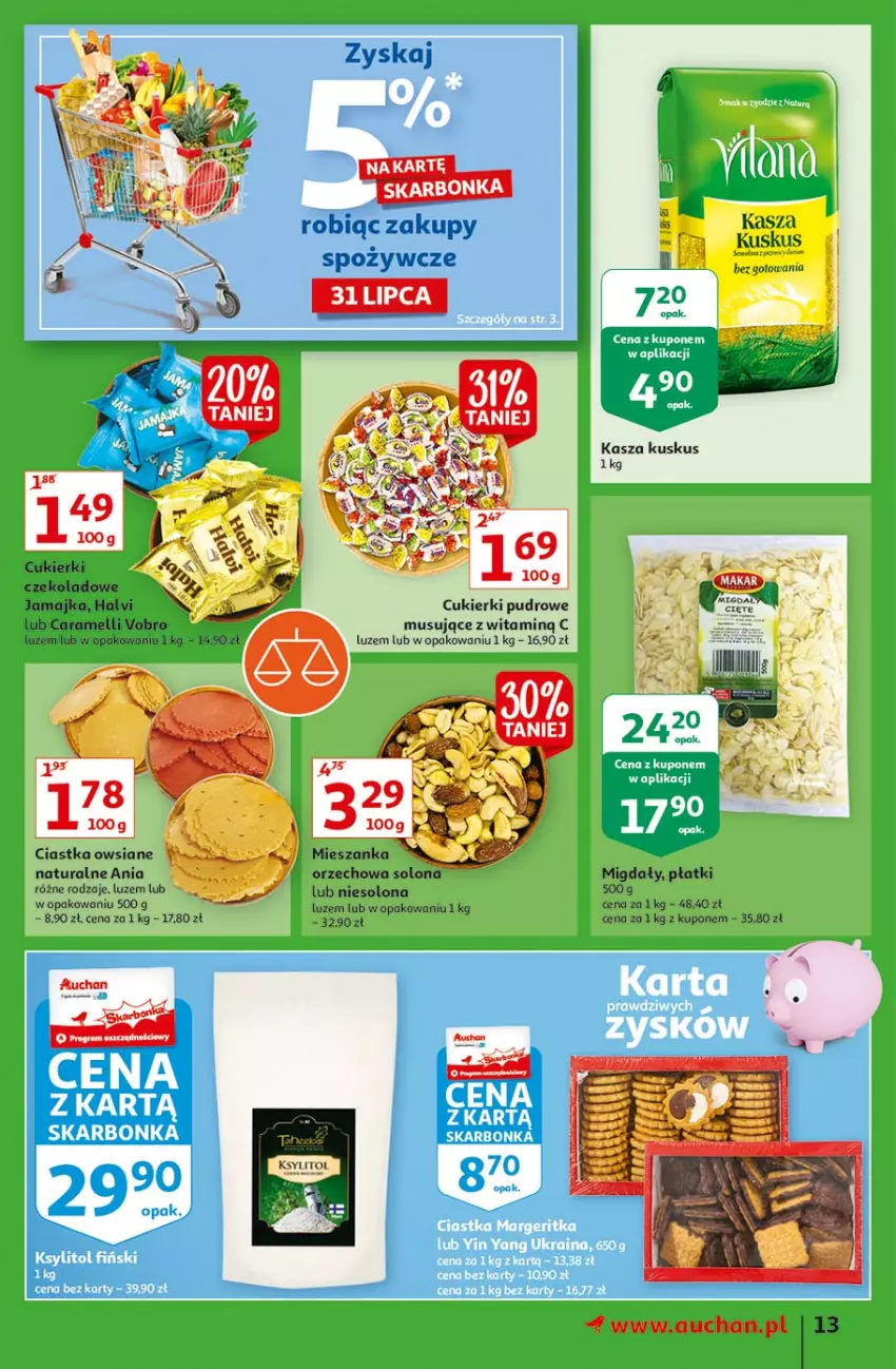 Gazetka promocyjna Auchan - Rysuje się pobudka na piątkę Hipermarkety - ważna 29.07 do 04.08.2021 - strona 13 - produkty: Ciastka, Ciastka owsiane, Cukier, Cukierki, Iams, Kasza, Kuskus, Migdały, Mus